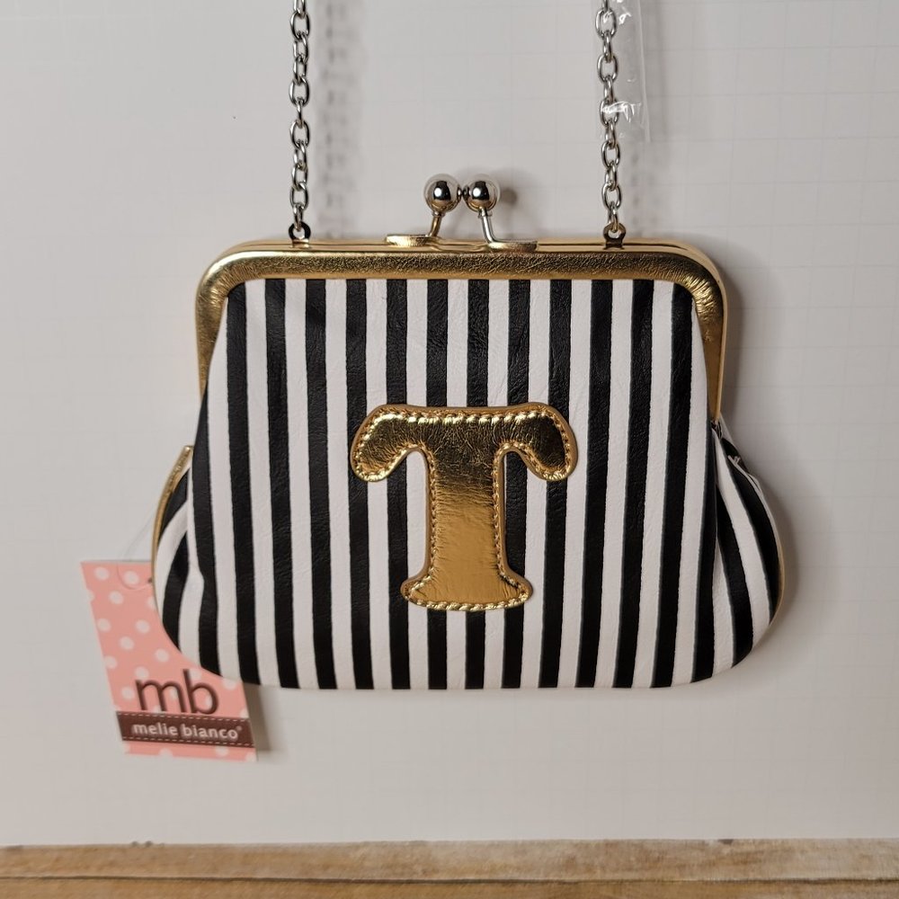 Melie Bianco Personalized Crossbody Bag Handbag Striped with Gold Letter T
